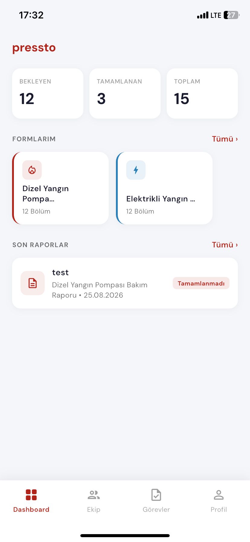 Pressto uygulamasında yönetici dashboard ekranı