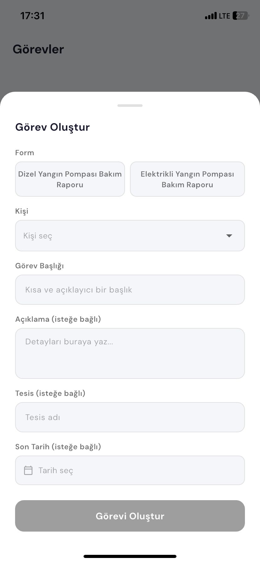 Pressto uygulamasında görev oluşturma ekranı